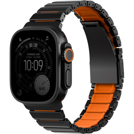 UNIQ Strova Flex titanový řemínek pro Apple Watch 49/46/45/44mm Midnight Black/Volt Orange UNIQ Strova Flex titanový řemínek pro Apple Watch 49/46/45/44mm Midnight Black/Volt Orange