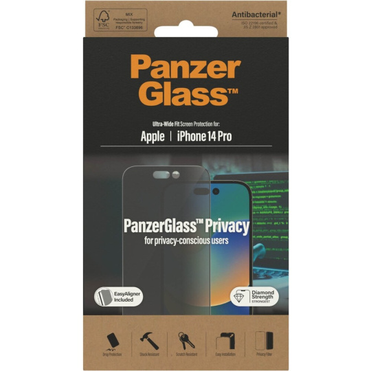 PanzerGlass™ Ultra-Wide Fit Privacy iPhone 14 Pro s instalačním rámečkem