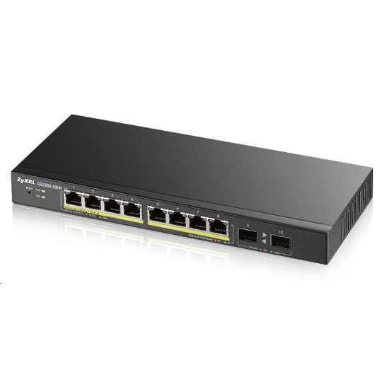 Zyxel GS1900-10HP v2 10-port Desktop Gigabit Web Smart PoE Switch, 8x gigabit PoE RJ45, 2x SFP, 70W PoE budget, fanless