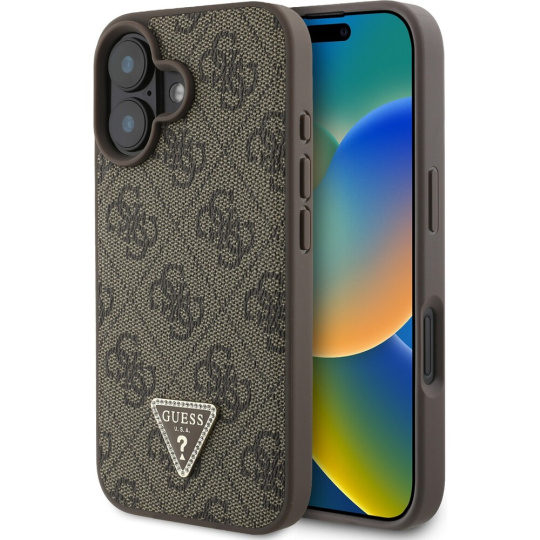 Guess PU 4G Strass Triangle Metal Logo kryt pro iPhone 16 hnědý