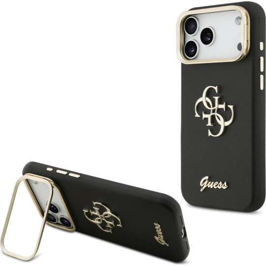 Guess PU Grained 4G Logo Stand Camera Frame kryt iPhone 17 Pro Max černý