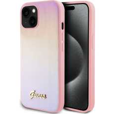 Guess PU Leather Iridescent Metal Script kryt iPhone 15 růžový