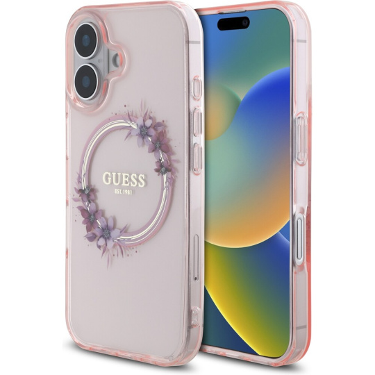 Guess IML Flowers Ring MagSafe kryt iPhone 16 růžový