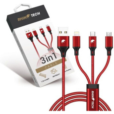 RhinoTech nabíjecí a datový kabel 3v1 USB-A (MicroUSB + Lightning + USB-C) 1,2m, červená