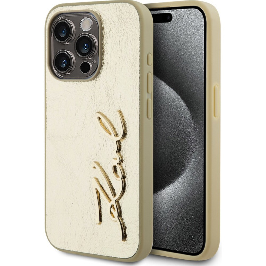 Karl Lagerfeld Wrinkled PU Signature Logo zadní kryt iPhone 15 Pro Max zlatý