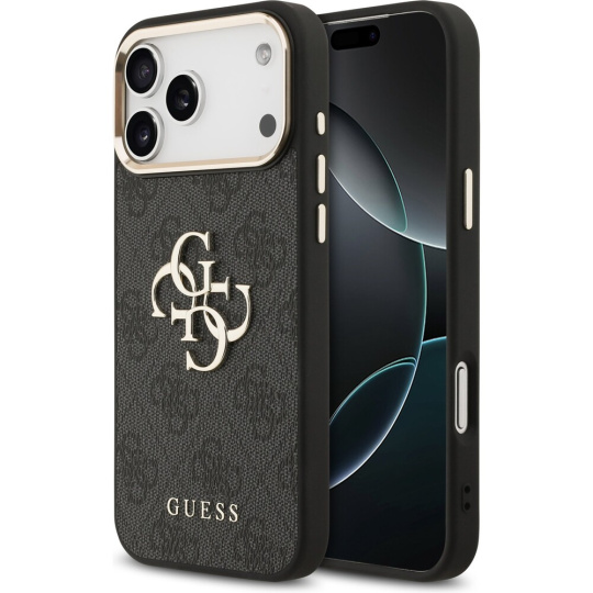 Guess PU Leather 4G Metal Logo Gold Frame MagSafe kryt iPhone 17 Pro Max černý