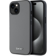 DKNY PU Leather Silver Metal Logo Magsafe kryt iPhone 15 šedý