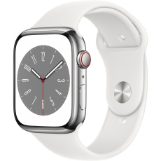 Apple Watch Series 8 Cellular 45mm stříbrná ocel s bílým sportovním řemínkem