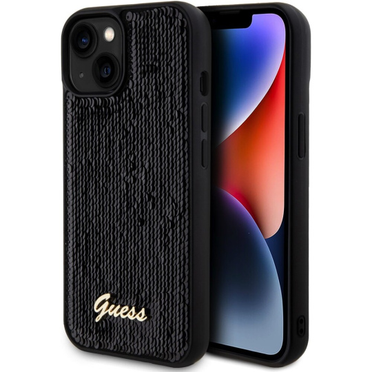 Guess Sequin Script Logo kryt iPhone 15 Plus černý