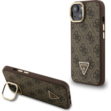 Guess PU 4G Strass Triangle Logo Stand Camera Frame MagSafe kryt iPhone 15 hnědý Guess PU 4G Strass Triangle Logo Stand Camera Frame MagSafe kryt iPhone 15 hnědý