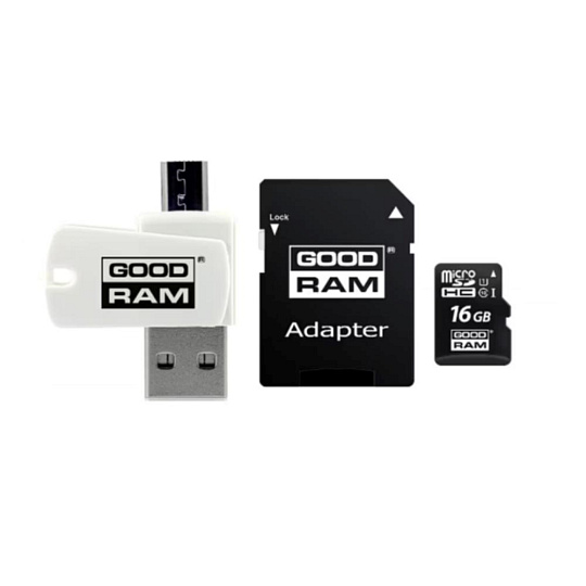 GOODRAM microSDHC karta 16GB M1A4 All-in-one (R:100/W:10 MB/s), UHS-I Class 10, U1 + Adapter + OTG card reader/čtečka