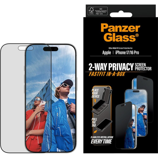 PanzerGlass® Privacy sklo Apple iPhone 17/16 Pro s bezprašným aplikačním boxem