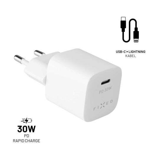 FIXED Mini set síťové nabíječky s USB-C výstupem a USB-C/Lightning kabelu, podpora PD, 1.2 metr, MFI