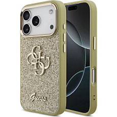 Guess PU Fixed Glitter 4G Metal Frame kryt iPhone 17 Pro zlatý