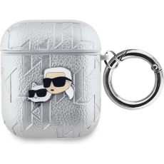 Karl Lagerfeld PU Embossed Karl and Choupette Heads pouzdro AirPods 1/2 stříbrné