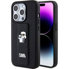 Karl Lagerfeld Saffiano Grip Stand Metal Logo kryt iPhone 15 Pro Max černý