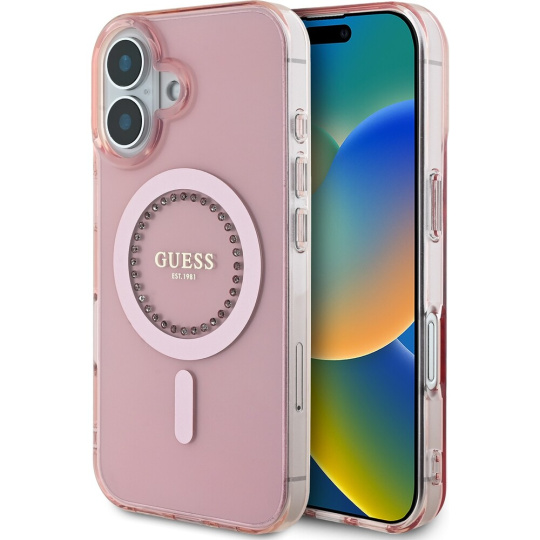 Guess IML Rhinestones Ring MagSafe kryt pro iPhone 16 růžový