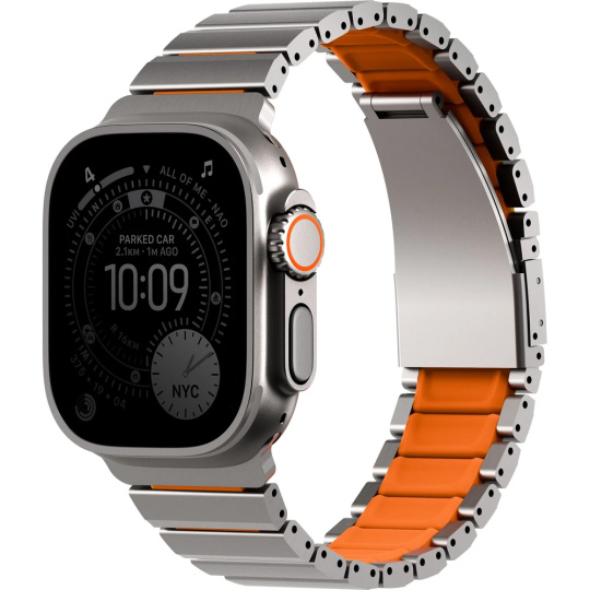 UNIQ Strova Flex titanový řemínek pro Apple Watch 49/46/45/44mm Titanium Silver/Volt Orange UNIQ Strova Flex titanový řemínek pro Apple Watch 49/46/45/44mm Titanium Silver/Volt Orange