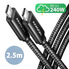 AXAGON BUCM2-CM25AB, CHARGE kabel USB-C <-> USB-C, 2.5m, Hi-Speed USB, PD 240W 5A, ALU, oplet, černý