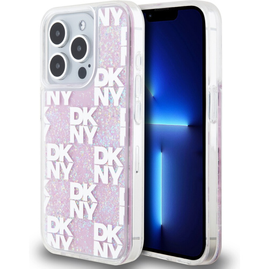 DKNY Liquid Glitter Checkered Pattern kryt iPhone 15 Pro růžový