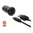 FIXED set autonabíječky s 2xUSB výstupem a USB/USB-C kabelem, 1 metr, 15W černý