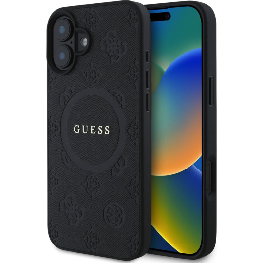 Guess Saffiano Peony Stamp MagSafe kryt iPhone 16 černý