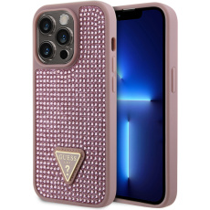 Guess Rhinestones Triangle Metal Logo Kryt pro iPhone 15 Pro růžový