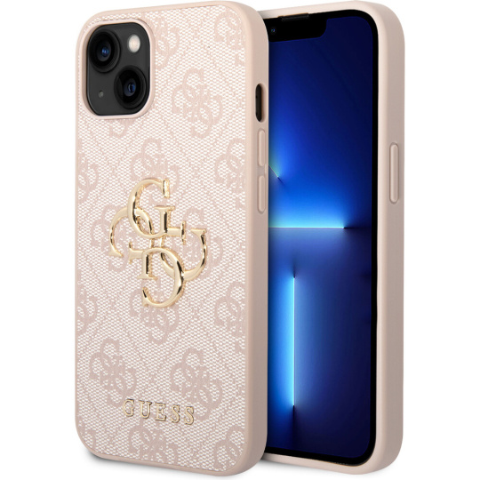 Guess PU 4G Metal Logo kryt iPhone 15 růžový