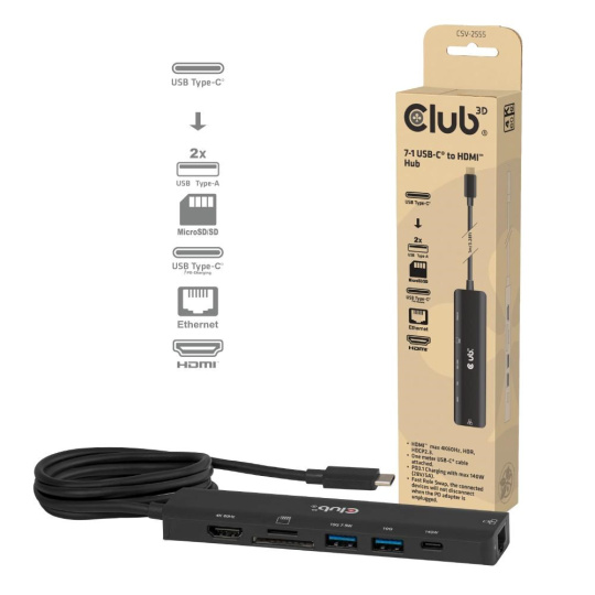 Club3D hub USB-C, 7-in-1 hub s 2x USB, 1xHDMI, 1xUSB-C PD, RJ45, microSD/SD, 140W, 4K60Hz, 1m kabel