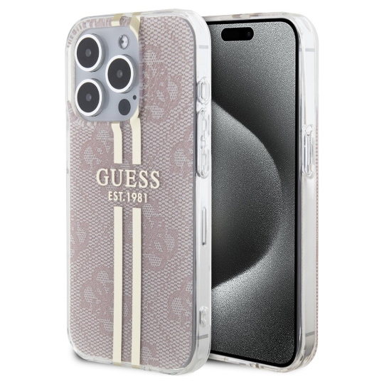 Guess IML 4G Gold Stripe kryt iPhone 15 Pro růžový