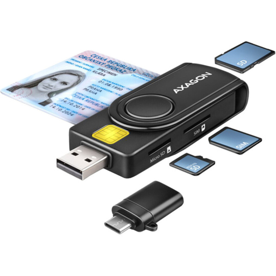 AXAGON CRE-SMP2A, USB-A PocketReader 4-slot čtečka Smart card (eObčanka) + SD/microSD/SIM