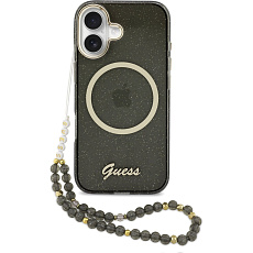 Guess IML Glitter Script Strap MagSafe kryt iPhone 17 černý
