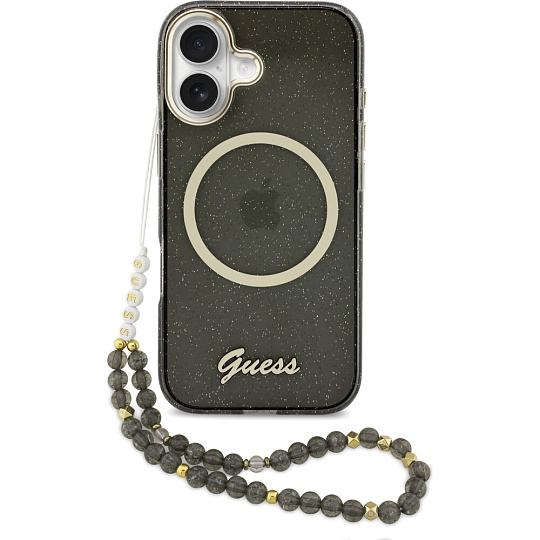 Guess IML Glitter Script Strap MagSafe kryt iPhone 17 černý
