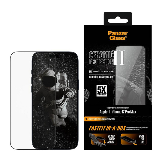 PanzerGlass® Ceramic II sklo Apple iPhone 17 Pro Max s bezprašným instalačním boxem