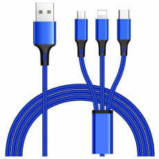 PremiumCord kabel USB 3v1 - USB-C / micro USB / Lightning modrý 1,2m
