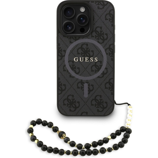 Guess PU Leather 4G Colored Ring Strap MagSafe kryt iPhone 16 Pro černý