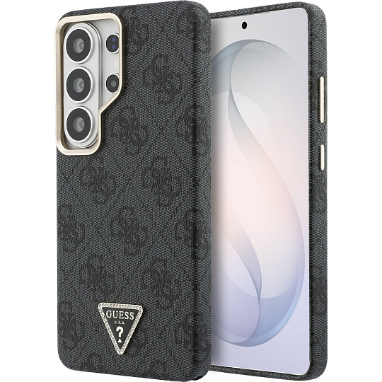 Guess PU Leather 4G Strass Triangle Logo Gold Frame Magnetic kryt Samsung Galaxy S26 Ultra šedý
