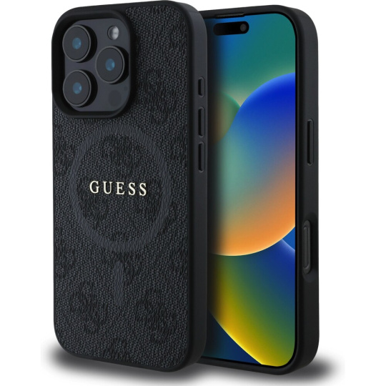 Guess PU Leather 4G Colored Ring MagSafe kryt iPhone 16 Pro černý