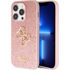 Guess PU Fixed Glitter 4G Metal Logo kryt iPhone 15 Pro růžový