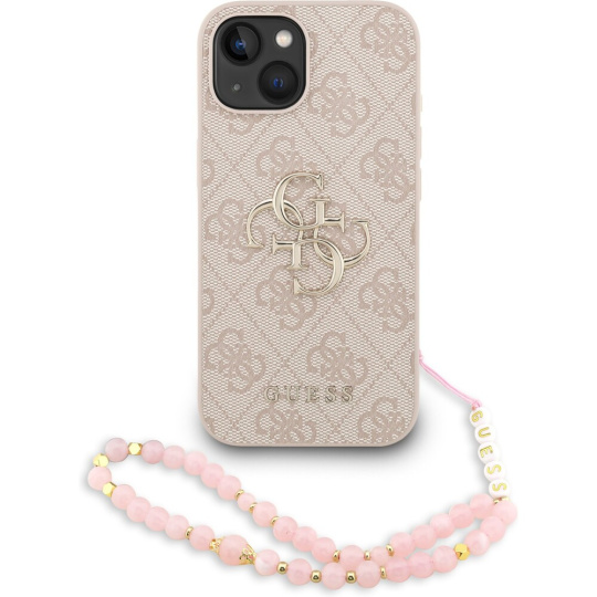 Guess PU 4G Metal Logo Strap kryt iPhone 15 růžový