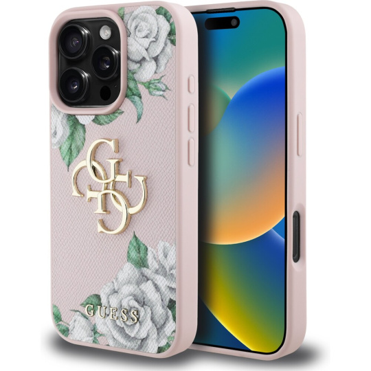 Guess PU Grained Roses 4G Metal Logo kryt iPhone 16 Pro růžový
