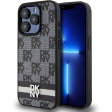 DKNY PU Leather Checkered Pattern and Stripe kryt iPhone 14 Pro černý