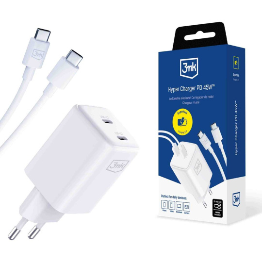 3mk Hyper Charger PD 45W síťová nabíječka + USB-C kabel bílá