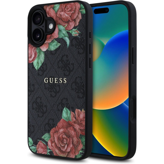 Guess PU Leather 4G Roses MagSafe kryt iPhone 16 černý