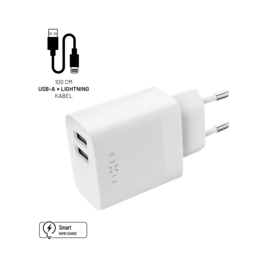 FIXED nabíječka s USB-A/Lightning kabelem, 1 m, MFi, 17W, bílá