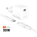 FIXED Mini Set GaN nabíječky s USB-C portem a USB-C kabelem, PD, 1,2m, 30W, bílá