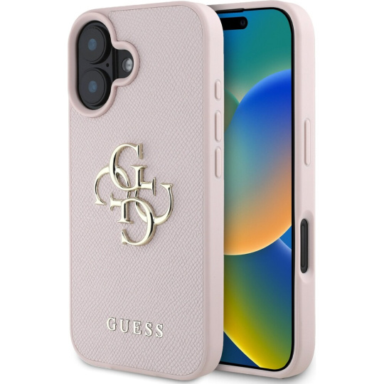 Guess PU Grained 4G Metal Logo kryt iPhone 16 růžový