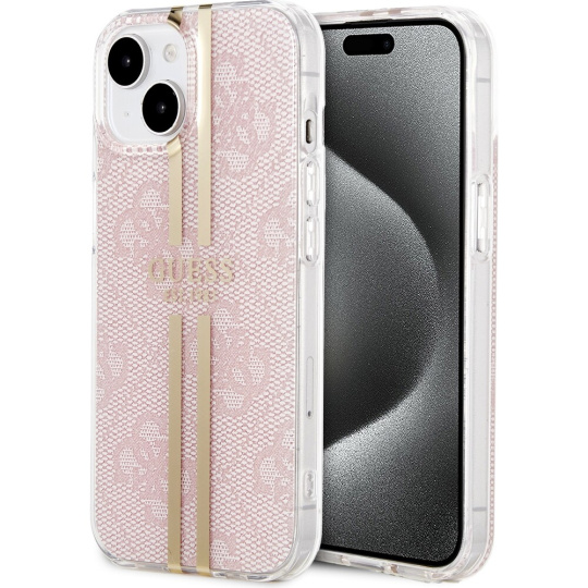 Guess IML 4G Gold Stripe kryt iPhone 15 růžový