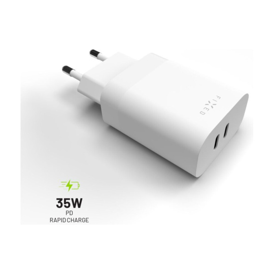 FIXED síťová nabíječka s 2x USB-C výstupem, podpora PD, 35W, bílá