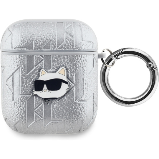 Karl Lagerfeld PU Embossed Choupette Head pouzdro AirPods 1/2 stříbrné